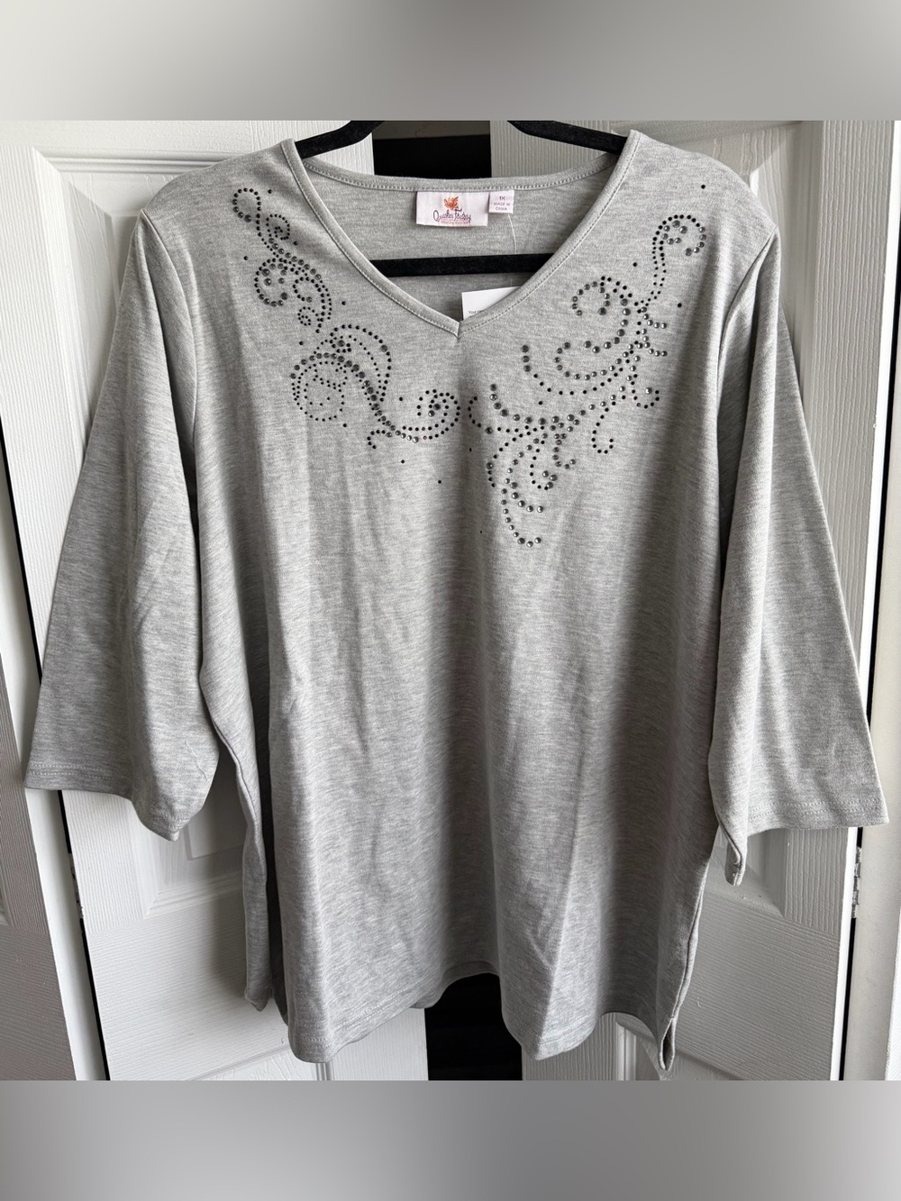 Quaker Factory Gray V-Neck Embellished Top